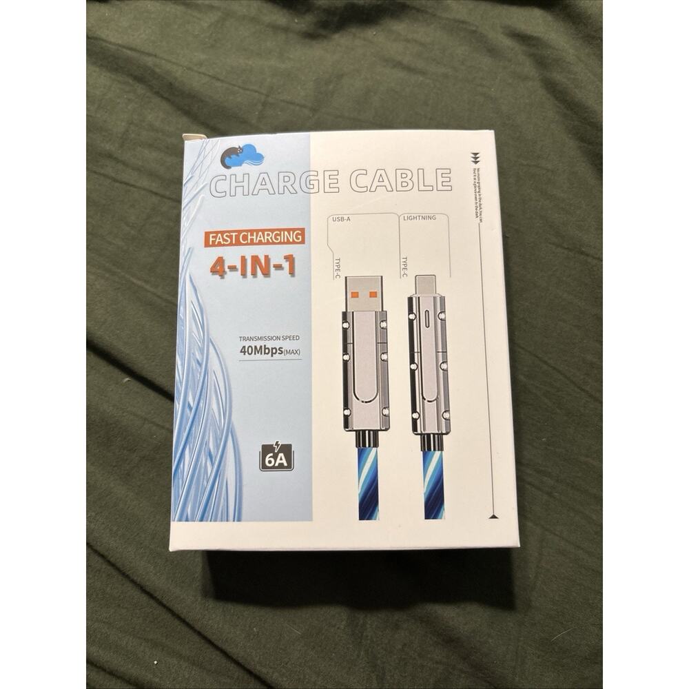 4-1 Fast Charging Charge Cable Blue 40MBPS CORD LIGHTS UP BLUE NEW